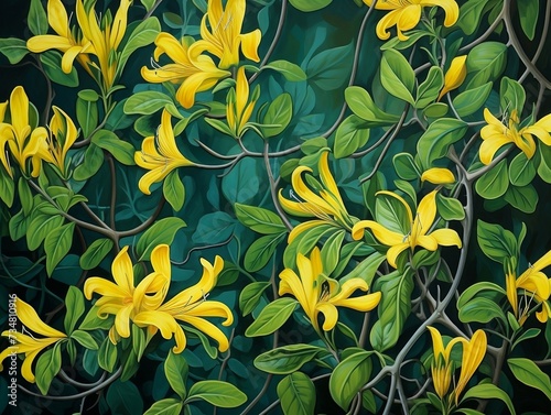 Yellow honeysuckle flowering bush is growing with green leaves