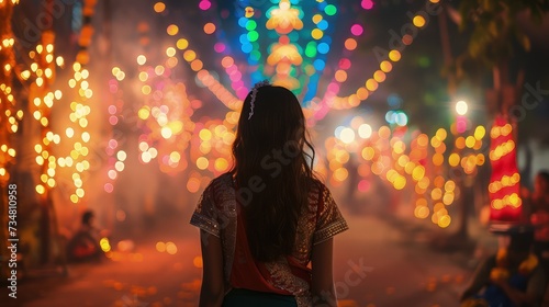 Diwali Celebration at Night: Vibrant streets, sparkling fireworks, traditional attire, festive atmosphere