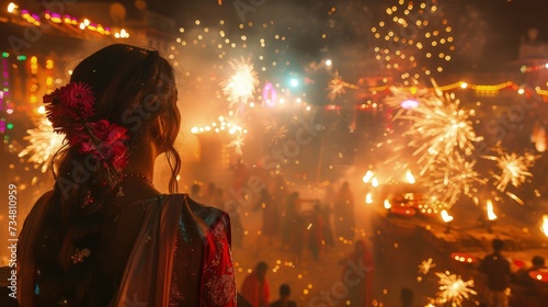 Diwali Celebration at Night: Vibrant streets, sparkling fireworks, traditional attire, festive atmosphere © pengedarseni