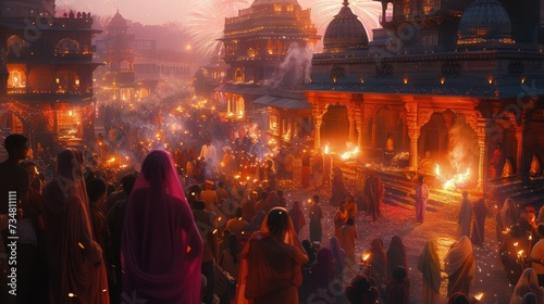 Diwali Celebration at Night: Vibrant streets, sparkling fireworks, traditional attire, festive atmosphere © pengedarseni