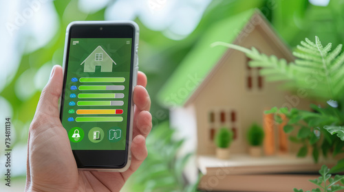 Hand holding a smartphone with a smart home control app interface in front of a model house surrounded by green plants.