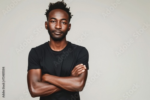Serious African American Millennial Guy in black t-shirt Crossing Hands Posing Looking At Camera Standing In Studio Over light Background. Shot Of Determined Male. Front View Shot photo
