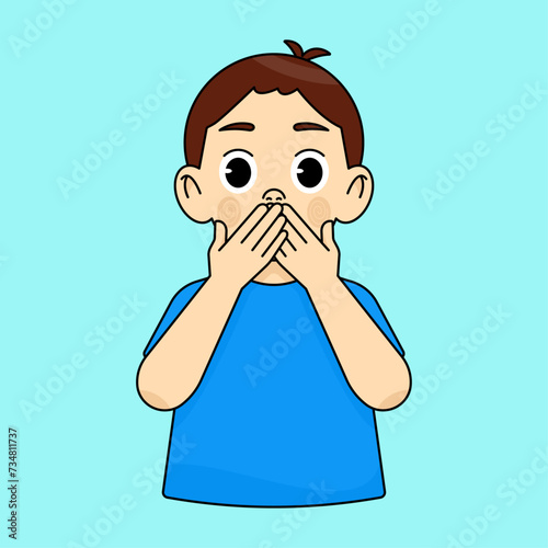 The boy covers his mouth with his hands, surprised and shocked. Shocked by the news