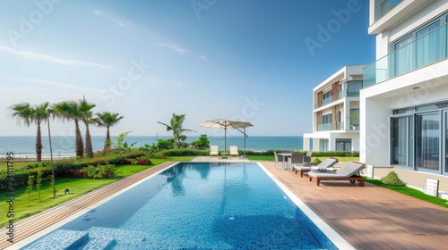 Modern beachfront property with an infinity pool overlooking the ocean, flanked by palm trees under a clear blue sky. © Александр Марченко