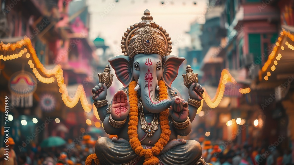 Ganesh Chaturthi Festive Procession with Elaborate Idols and Rhythmic Drumming