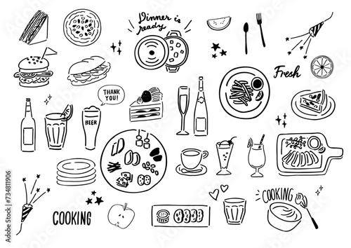 落書き風のシンプルな料理のイラスト　手描きのメニュー　パーティ　ドリンク　おつまみ　イラストセット