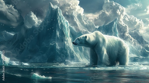 Urgent Climate Crisis: Melting polar ice caps, massive icebergs breaking apart, swirling frigid waters, polar bears stranded on shrinking ice floes, © pengedarseni