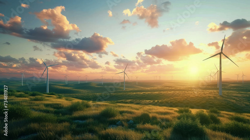 windmills in a vast grassy field at sunset, Wind turbines are alternative electricity sources, the concept of sustainable resources,  photo