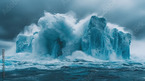 Urgent Climate Crisis: Polar ice cap melting, massive icebergs breaking apart, swirling frigid waters, stark icy blues against dark ocean
