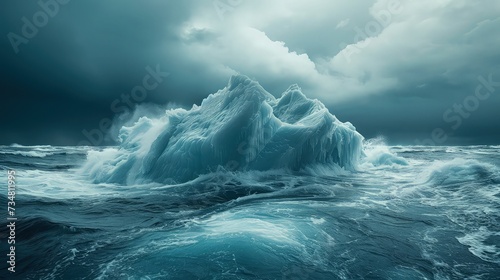 Urgent Climate Crisis  Polar ice cap melting  massive icebergs breaking apart  swirling frigid waters  stark icy blues against dark ocean