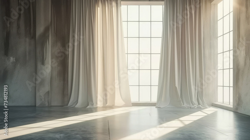 white curtains hanged in front of a window with gray shadows, 