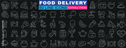 Food Delivery, 60 line Icons. Vector set featuring pizza, burger, drink, grocery items. Perfect for app, web design. Fast service symbols on dark background