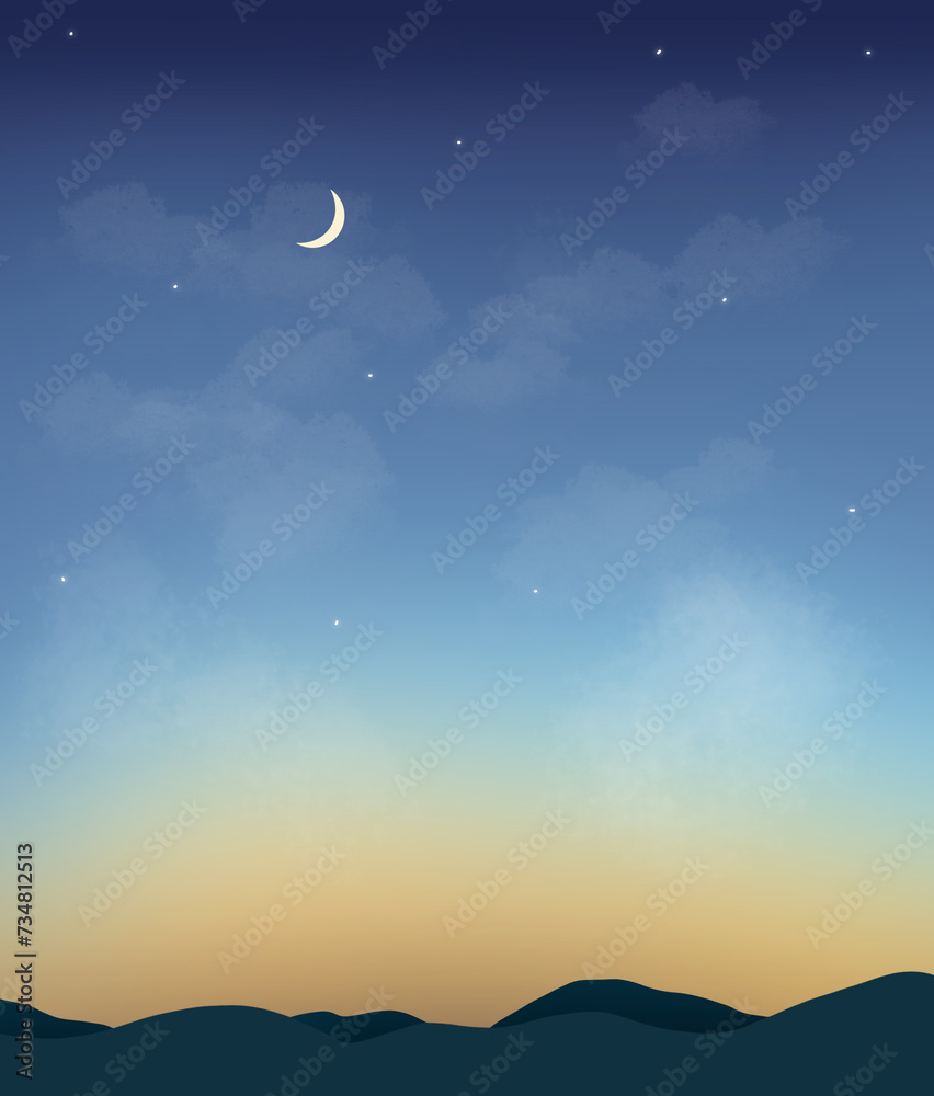 night sky and moon, Gradient background of the sky at sunset and mountains, moon and stars. night sky and moon, Gradient background of the sky at sunset and mountains, moon and stars.
