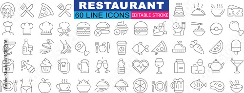 Restaurant line icon set, diverse food, drink items, perfect for menu, web design, culinary variety, elegance, wineglass, burger, pizza, cupcake, fish, steak, coffee, tea, pot, cake, icecream © Arafat