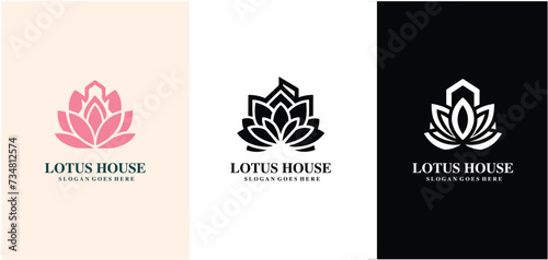 Creative luxury simple Artistic Lotus Flower with house sign logo design set illustration. photo