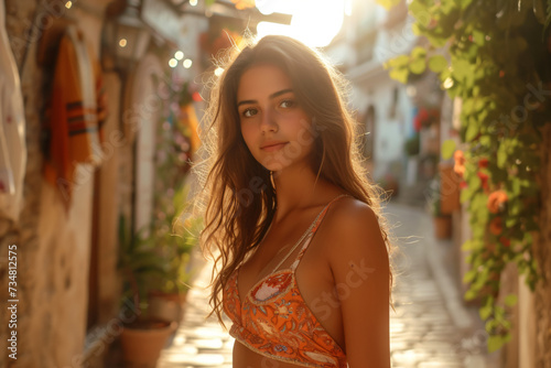 a young woman in a summer dress walking in a old city