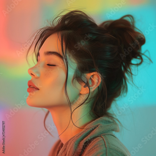 profile portrait of a young modern woman with closed eyes in front of a colored background