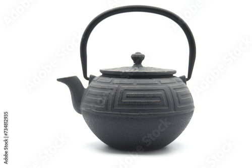 closeup of black japanese teapot isolated on white background 