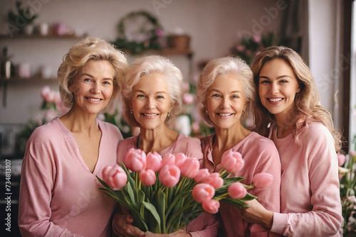 Three generations of women smiling together, holding pink tulips, radiating happiness, love, and family warmth. Concept of International Women's Day.