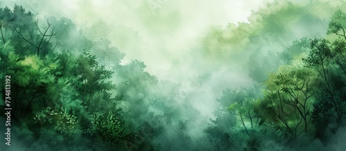 Illustration watercolor of green foggy rainforest landscape background. AI generated