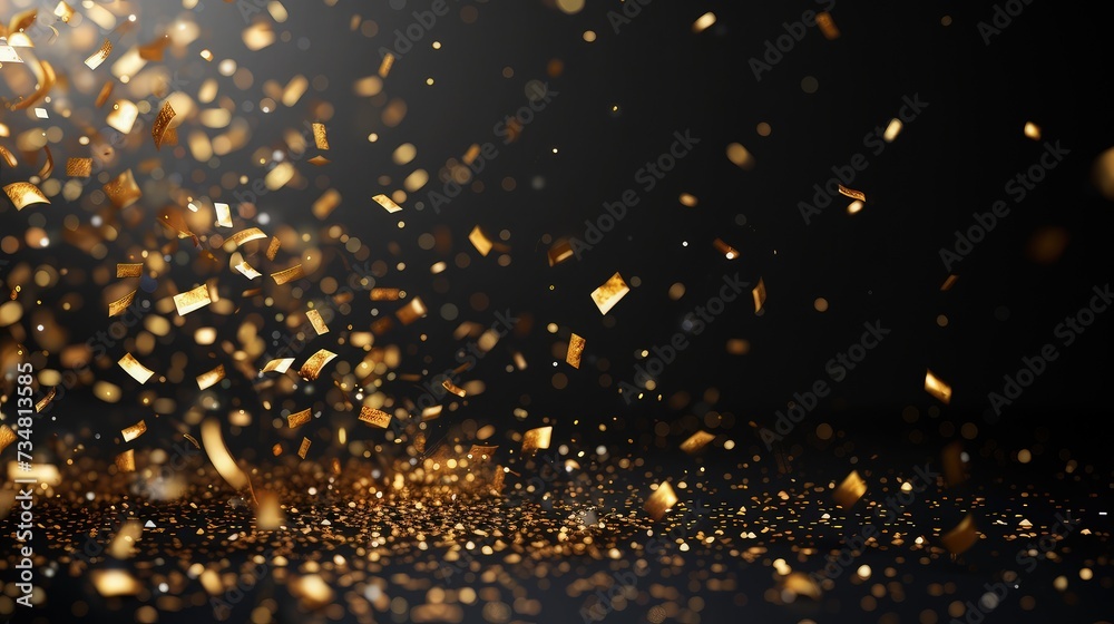 Elegant Golden Confetti Falling Realistically on Left Side with Empty Space - Black Alpha Background Elegant Golden Confetti Falling Realistically on Left Side with Empty Space - Black Alpha Background
