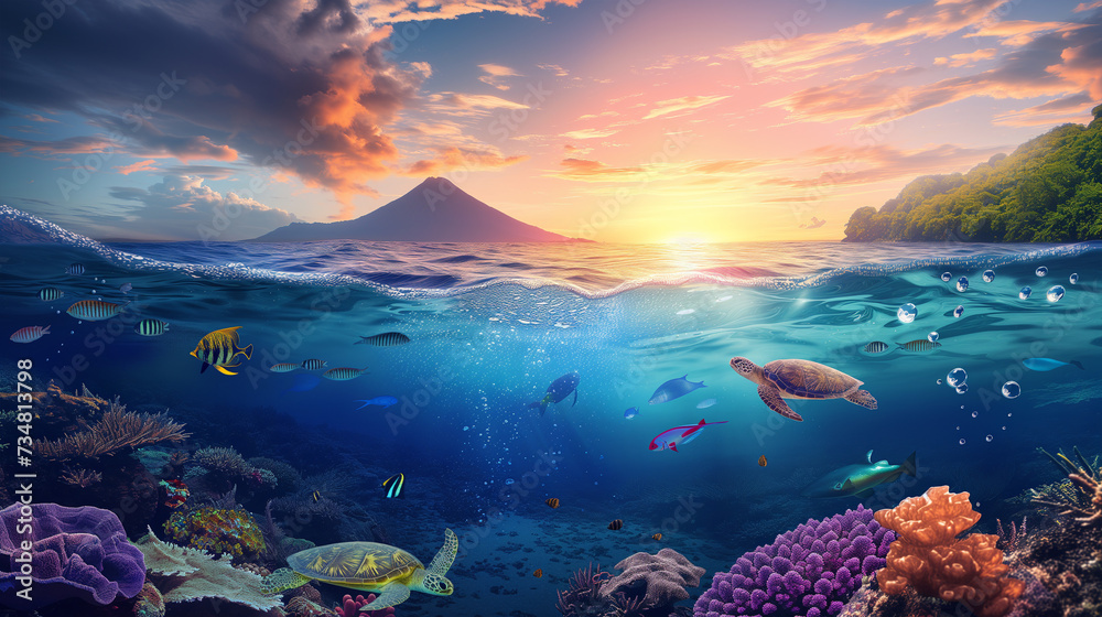 tropical island in the ocean with half under water view with volcano mountain in the background tropical island in the ocean with half under water view with volcano mountain in the background
