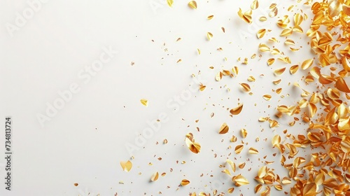 Elegant Minimalistic Composition  Realistic Sparse Golden Confetti on Left Side with Subtle Shimmering Effect - White Background