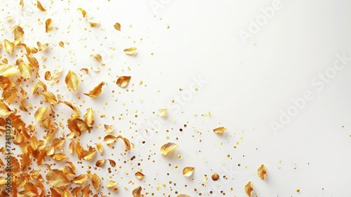 Elegant Minimalistic Composition: Realistic Sparse Golden Confetti on Left Side with Subtle Shimmering Effect - White Background