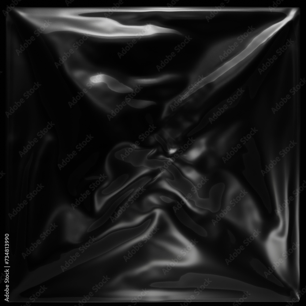 Fototapeta premium Plastic square Wrap PNG Texture : Wrinkled black plastic bag texture on a black background, ideal for creative and decorative design purposes.