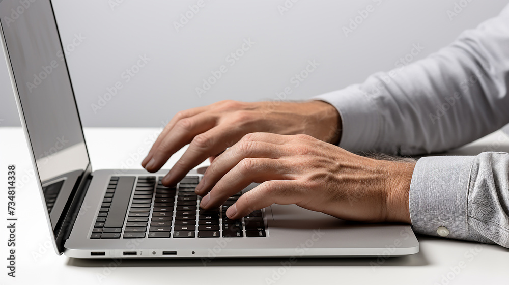 Close-up of businessman's hand working on a laptop on a white background Close-up of businessman's hand working on a laptop on a white background