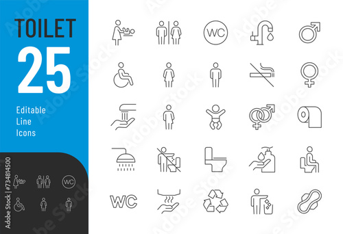 Toilet Line Editable Icons set. Vector illustration in modern thin line style of public water closet related icons: gender symbols, rules for using a toilet, personal hygiene, and more.