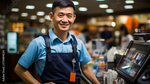 Portrait of a young Asian man selling food and drinks in his store