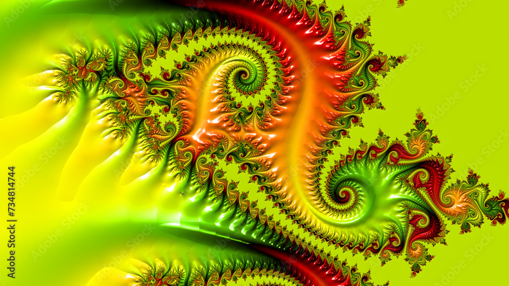 bright yellow green and red expansive detailed fractal pattern and design in wide format