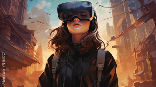 Illustration of a girl wearing virtual reality glasses. Future technology concept.