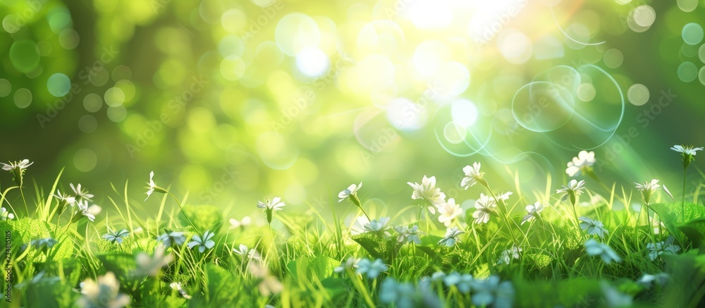 Blurry green field on summer view with sunlight. AI generated image