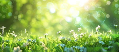 Blurry green field on summer view with sunlight. AI generated image