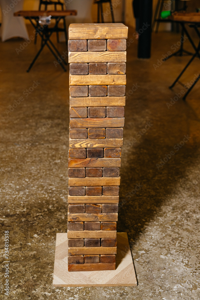 Giant Wooden Block Tower Game Set Up. A large wooden block tower game