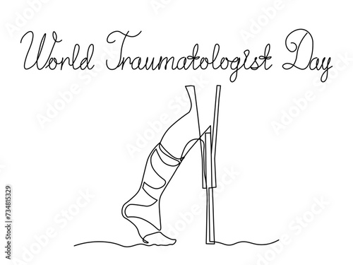 World Traumatologist Day. sick leg, foot in a cast,gypsum on a crutch. continuous one line art hand drawing sketch card