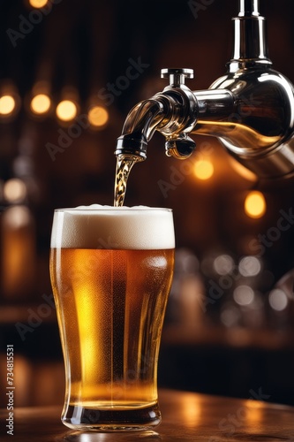 Draft Beer Pouring into Glass at Bar