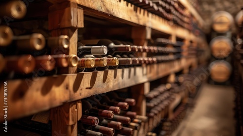 Sophisticated Wine Cellar  Rows of Aging Wine Bottles on Wooden Racks  Dimly Lit with Cool Temperature and Musty Aroma