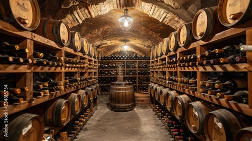 Sophisticated Wine Cellar: Rows of Aging Wine Bottles on Wooden Racks, Dimly Lit with Cool Temperature and Musty Aroma photo