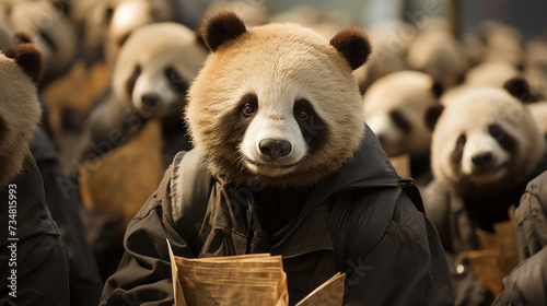 sad pandas are on strike in raincoats, protesting against the poor treatment of animals in zoos photo