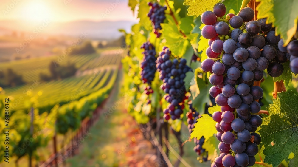 Tranquil Vineyard Landscape: Orderly Rows of Grapevines in Sunny Atmosphere
