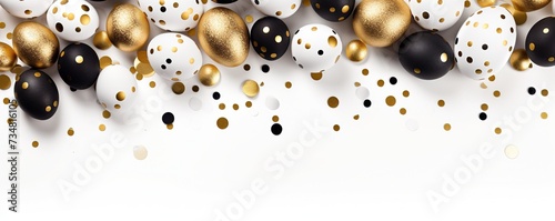 Happy Easter holiday banner. Top view on white and black eggs with golden liquid and golden confetti.
