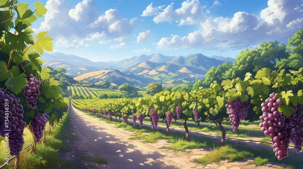 Scenic Vineyard View: Rolling Hills with Lush Greenery and Ripe Grapes - obrazy, fototapety, plakaty 