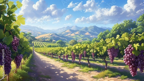 Scenic Vineyard View: Rolling Hills with Lush Greenery and Ripe Grapes