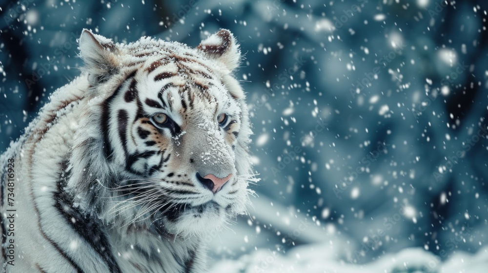 Tiger in wild winter nature, running in the snow. Action wildlife scene with dangerous animal. Cold winter snow Mountain