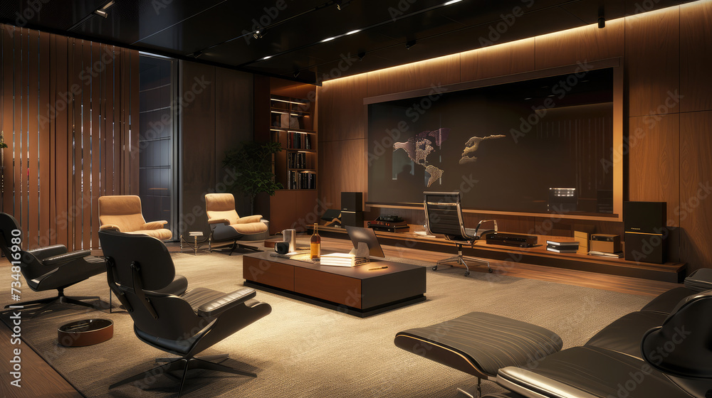 An elegant, modern office interior with luxury furnishings, ambient lighting, and a large screen on a wood-paneled wall.
