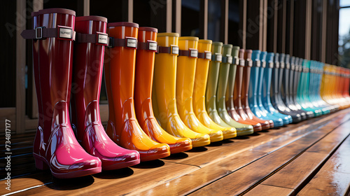 A display of vibrant rain boots.