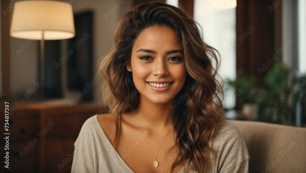 A Happy beautiful woman about 20 years old in modern living room, Generative Ai A Happy beautiful woman about 20 years old in modern living room, Generative Ai